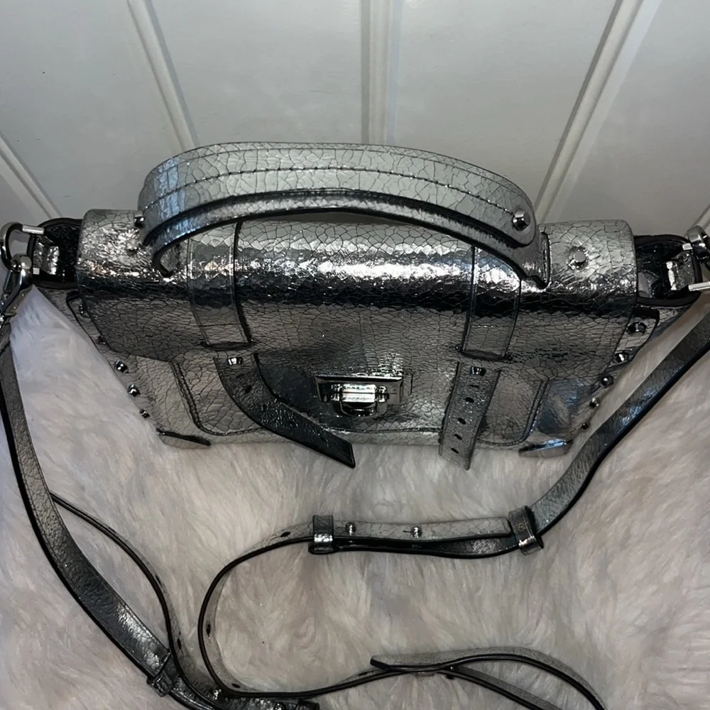 Michael Kors Silver Leather Satchel Handbag cyberpunk Avant Garde artsy unique